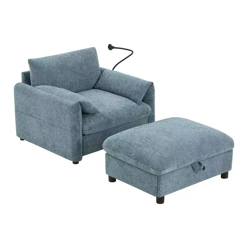 Divano singolo multifunzione in ciniglia con pouf contenitore e braccioli imbottiti