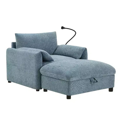 Divano singolo multifunzione in ciniglia con pouf contenitore e braccioli imbottiti