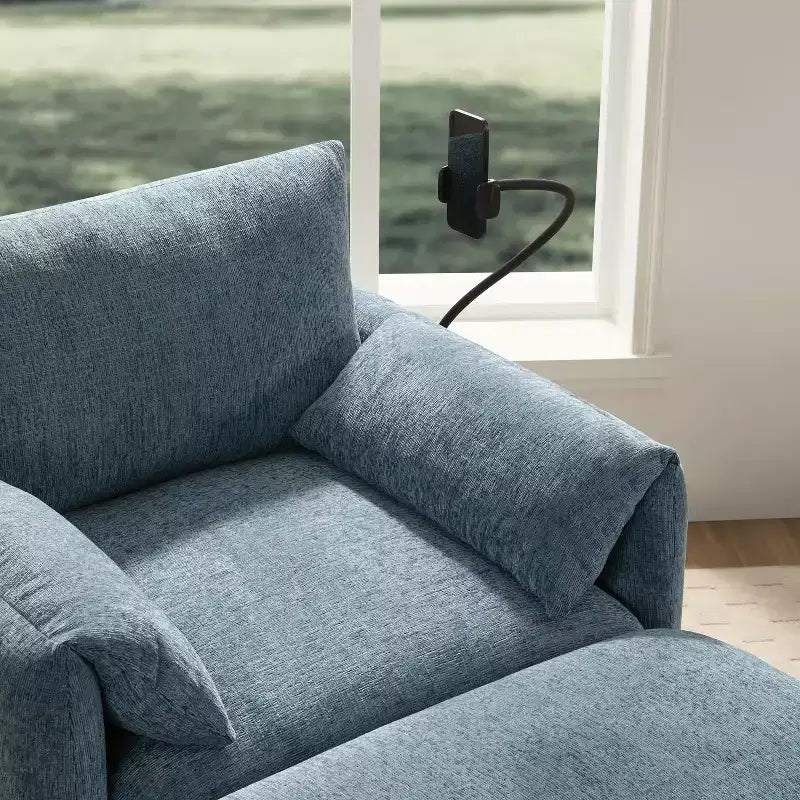 Divano singolo multifunzione in ciniglia con pouf contenitore e braccioli imbottiti