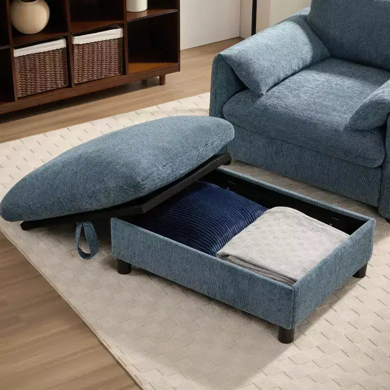 Divano singolo multifunzione in ciniglia con pouf contenitore e braccioli imbottiti