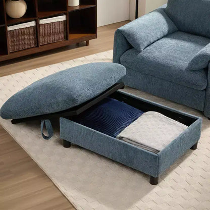 Divano singolo multifunzione in ciniglia con pouf contenitore e braccioli imbottiti