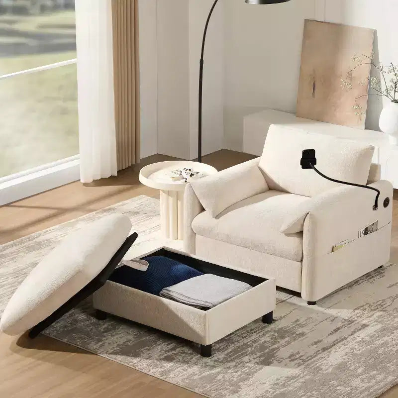 Divano singolo multifunzione in ciniglia con pouf contenitore e braccioli imbottiti