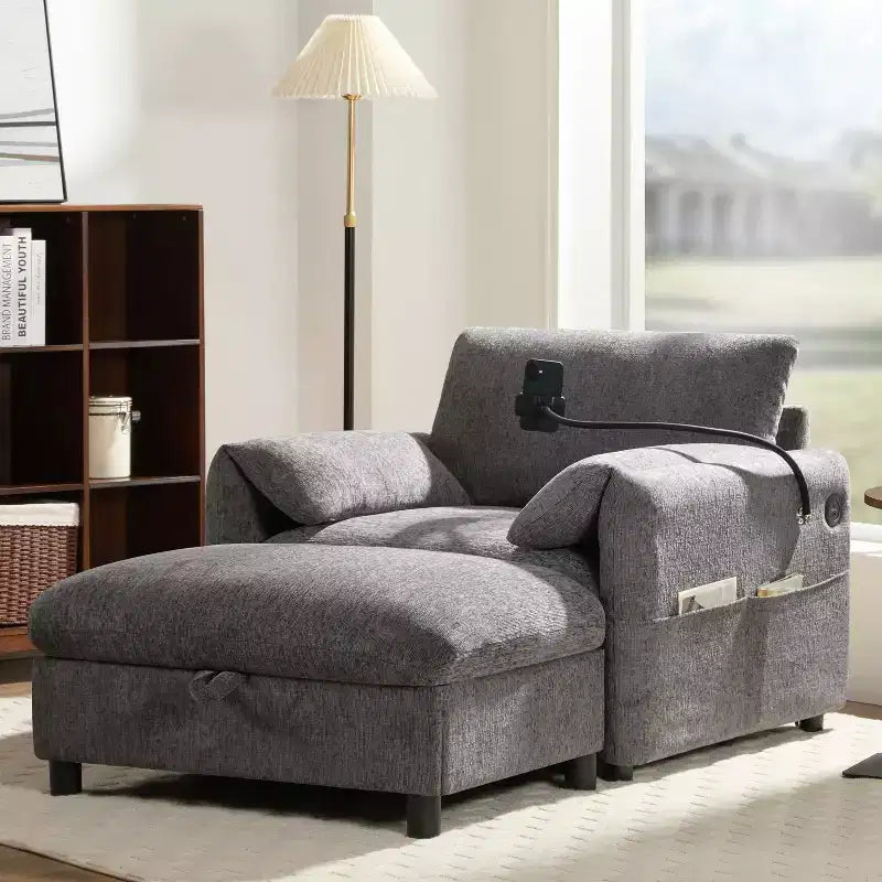 Divano singolo multifunzione in ciniglia con pouf contenitore e braccioli imbottiti