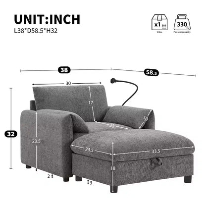 Divano singolo multifunzione in ciniglia con pouf contenitore e braccioli imbottiti
