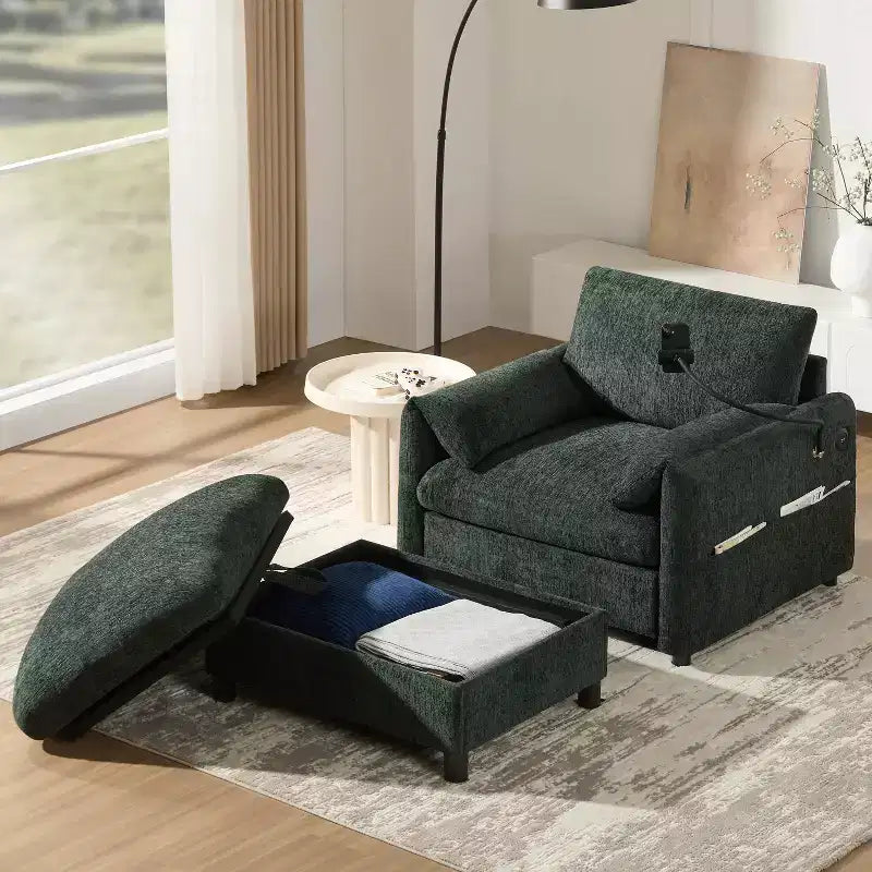 Divano singolo multifunzione in ciniglia con pouf contenitore e braccioli imbottiti