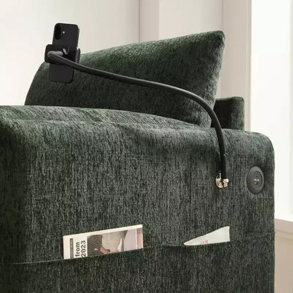 Divano singolo multifunzione in ciniglia con pouf contenitore e braccioli imbottiti