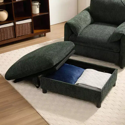Divano singolo multifunzione in ciniglia con pouf contenitore e braccioli imbottiti