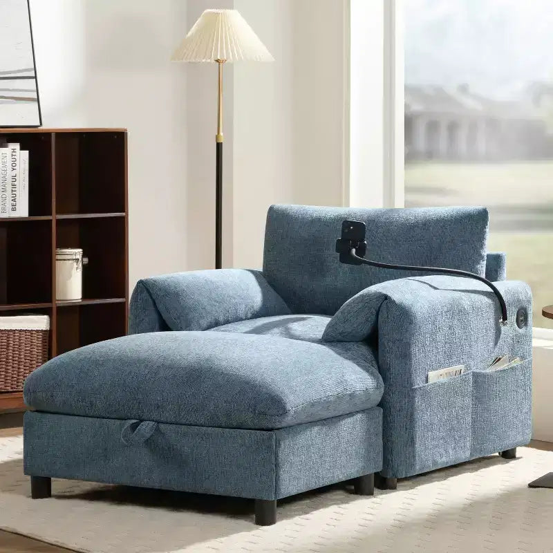 Divano singolo multifunzione in ciniglia con pouf contenitore e braccioli imbottiti