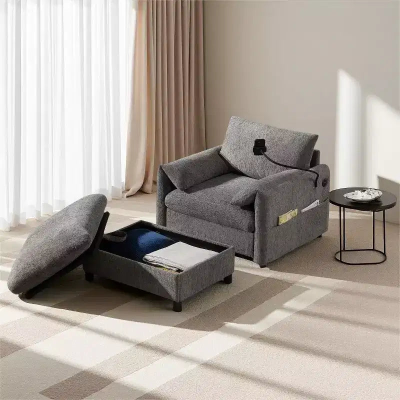 Divano singolo multifunzione in ciniglia con pouf contenitore e braccioli imbottiti