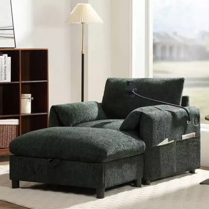 Divano singolo multifunzione in ciniglia con pouf contenitore e braccioli imbottiti