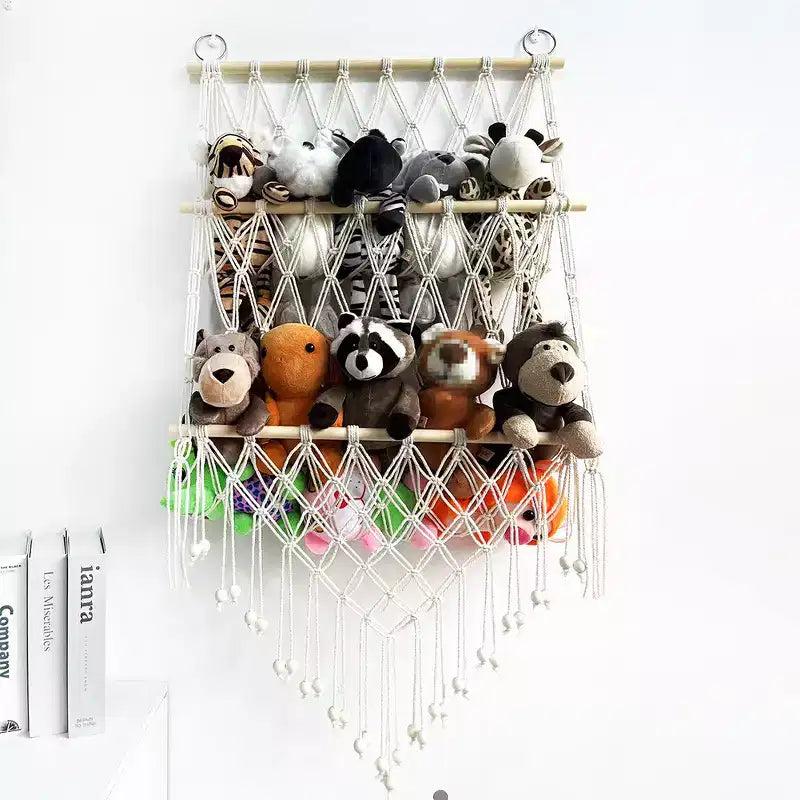 Amaca portaoggetti per animali di peluche Rete per giocattoli a 2 strati in legno Supporto per giocattoli di peluche Organizzatore di giocattoli sospeso Rete a maglie da parete per cameretta e sala giochi