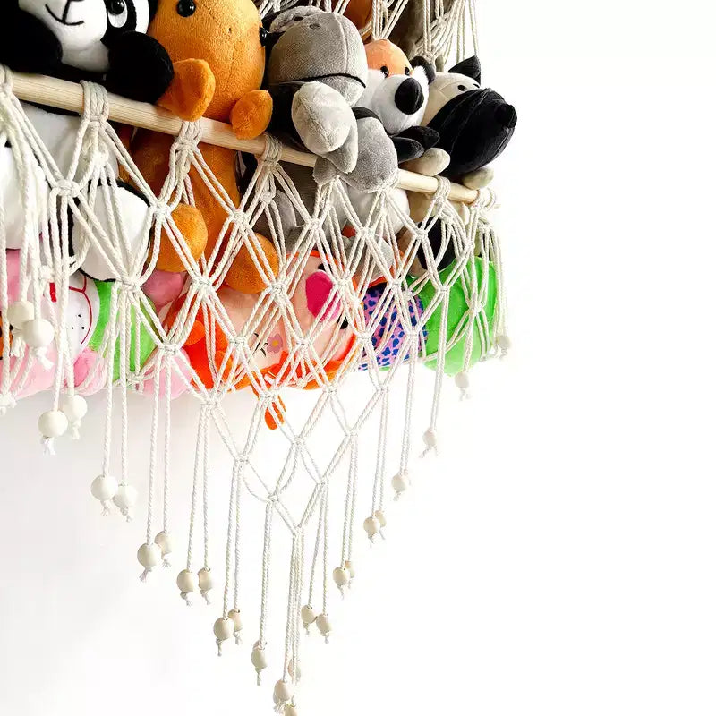 Amaca portaoggetti per animali di peluche Rete per giocattoli a 2 strati in legno Supporto per giocattoli di peluche Organizzatore di giocattoli sospeso Rete a maglie da parete per cameretta e sala giochi