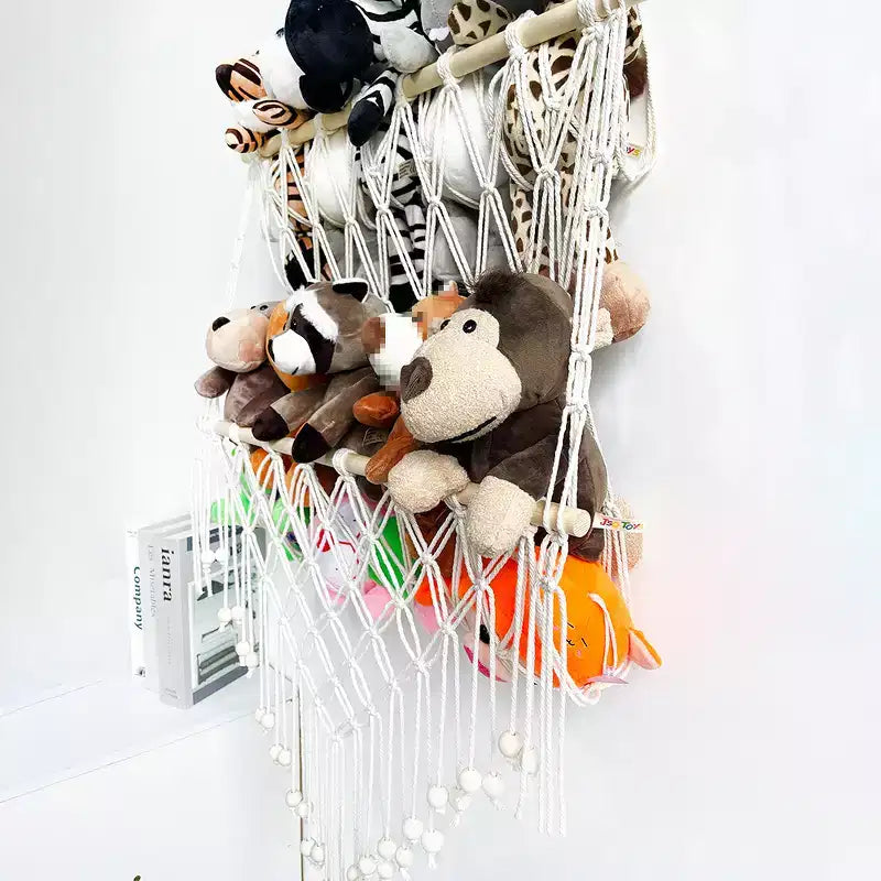 Amaca portaoggetti per animali di peluche Rete per giocattoli a 2 strati in legno Supporto per giocattoli di peluche Organizzatore di giocattoli sospeso Rete a maglie da parete per cameretta e sala giochi