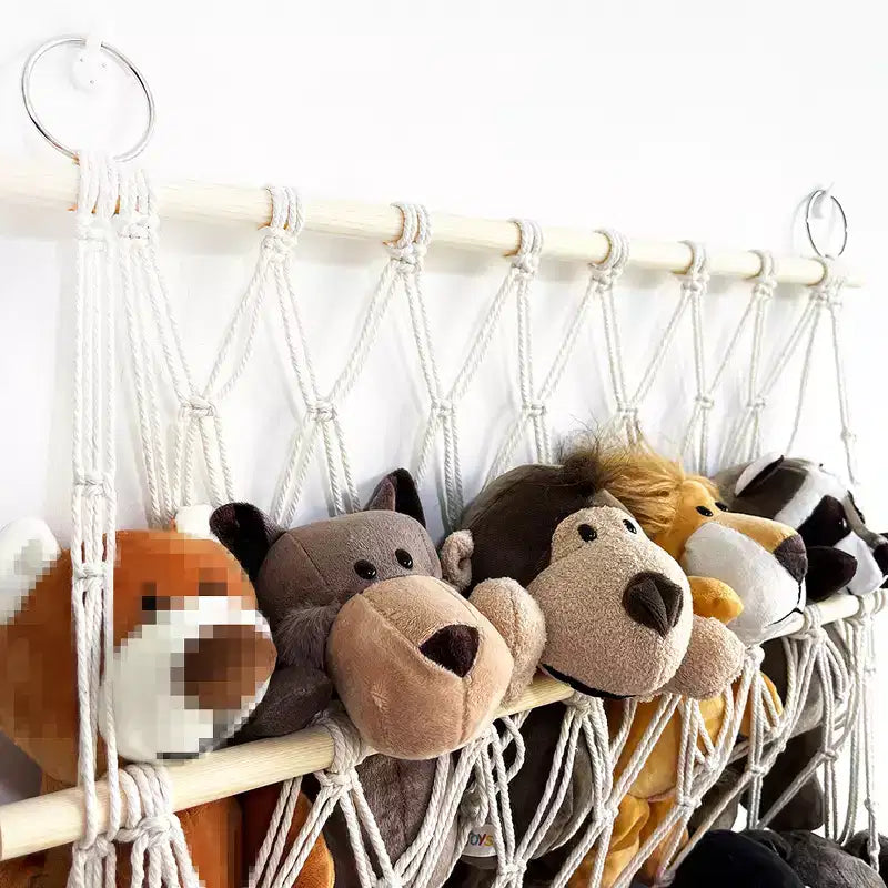 Amaca portaoggetti per animali di peluche Rete per giocattoli a 2 strati in legno Supporto per giocattoli di peluche Organizzatore di giocattoli sospeso Rete a maglie da parete per cameretta e sala giochi