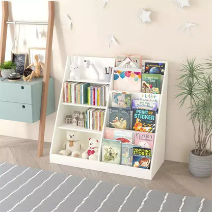 Libreria e contenitore per giocattoli per bambini, Scaffale per libri per bambini, Libreria multifunzionale a 4 ripiani in legno per bambini