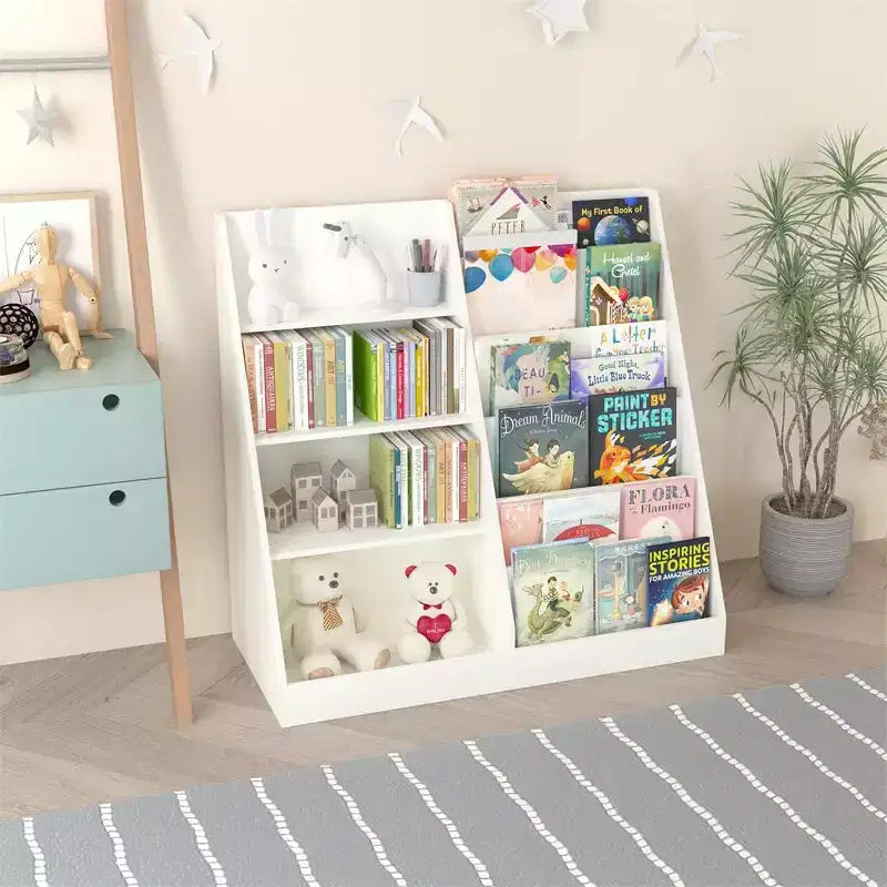 Libreria e contenitore per giocattoli per bambini, Scaffale per libri per bambini, Libreria multifunzionale a 4 ripiani in legno per bambini