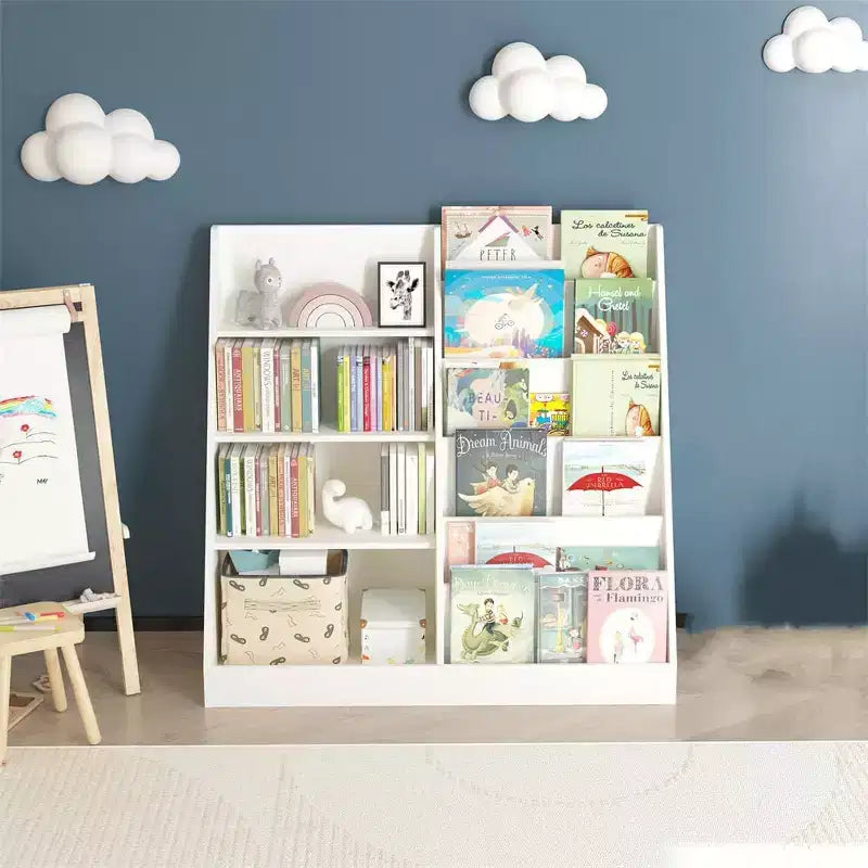 Libreria e contenitore per giocattoli per bambini, Scaffale per libri per bambini, Libreria multifunzionale a 4 ripiani in legno per bambini