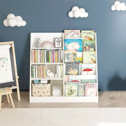Libreria e contenitore per giocattoli per bambini, Scaffale per libri per bambini, Libreria multifunzionale a 4 ripiani in legno per bambini