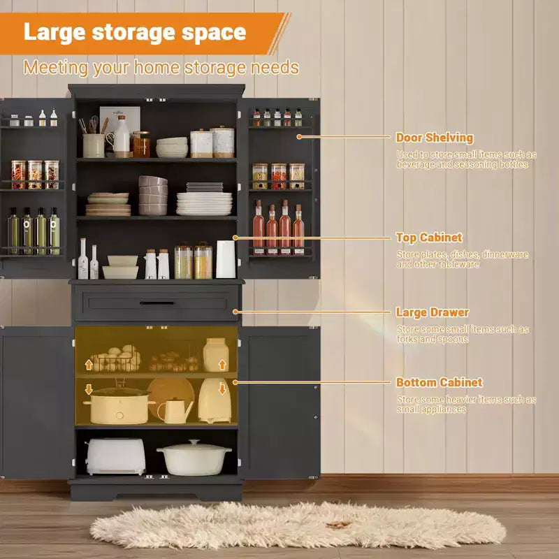 Dispensa Alta 183 cm, Armadietto da Cucina in Stile Rustico con Cassetto, 4 Ripiani Regolabili, 6 Ripiani sullo Sportello