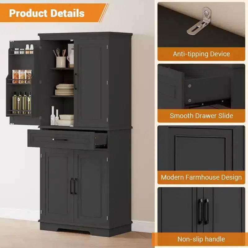 Dispensa Alta 183 cm, Armadietto da Cucina in Stile Rustico con Cassetto, 4 Ripiani Regolabili, 6 Ripiani sullo Sportello