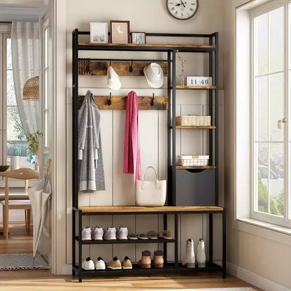 5-in-1 Coat Rack, Hall Tree with Bench and Shoe Storage, Freestanding Entryway Bench with 5-Tier Open Shelves