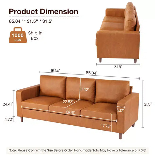 85 Sofa Couch, Mid Century Modern Sofas, 3-Seater Faux Leather Deep Seat Small Sofa, with Comfy Cushions, for Living Room, Bedroom, Office