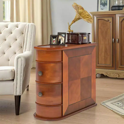 Tavolino d'appoggio alto stretto in legno con 2 cassetti