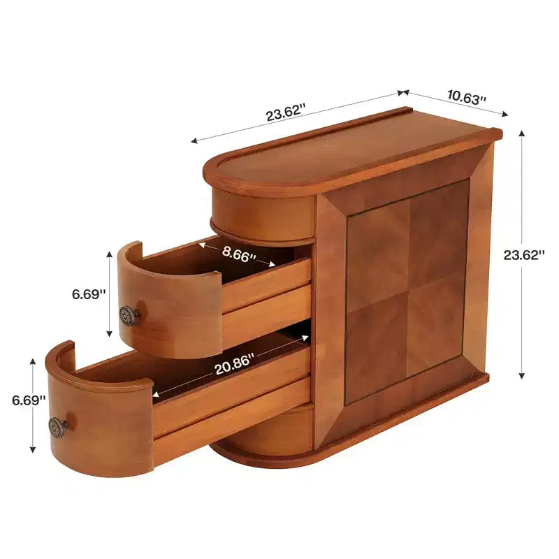 Tavolino d'appoggio alto stretto in legno con 2 cassetti