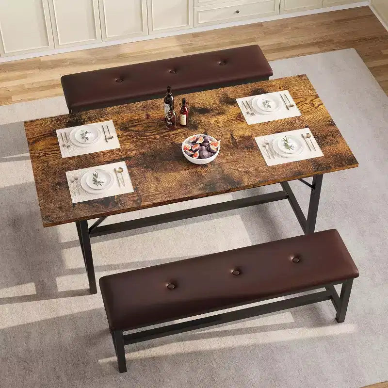 Set da tavolo da pranzo rettangolare allungabile da 160 cm (63 pollici) in marrone rustico per 4-6 persone, con 2 panche morbide, design salvaspazio per piccoli ambienti