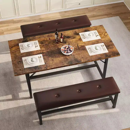 Set da tavolo da pranzo rettangolare allungabile da 160 cm (63 pollici) in marrone rustico per 4-6 persone, con 2 panche morbide, design salvaspazio per piccoli ambienti