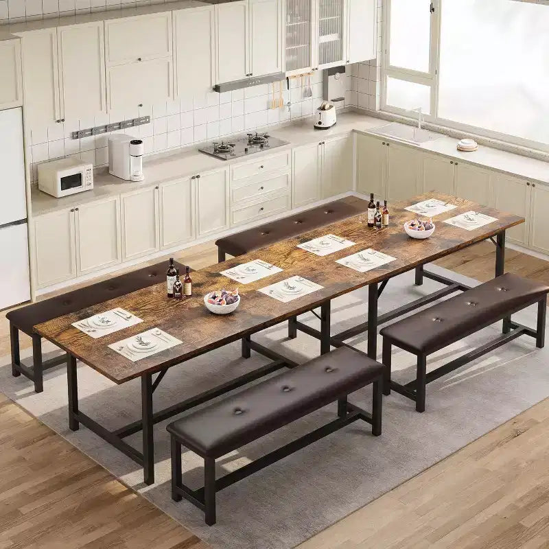 Set da tavolo da pranzo rettangolare allungabile da 160 cm (63 pollici) in marrone rustico per 4-6 persone, con 2 panche morbide, design salvaspazio per piccoli ambienti