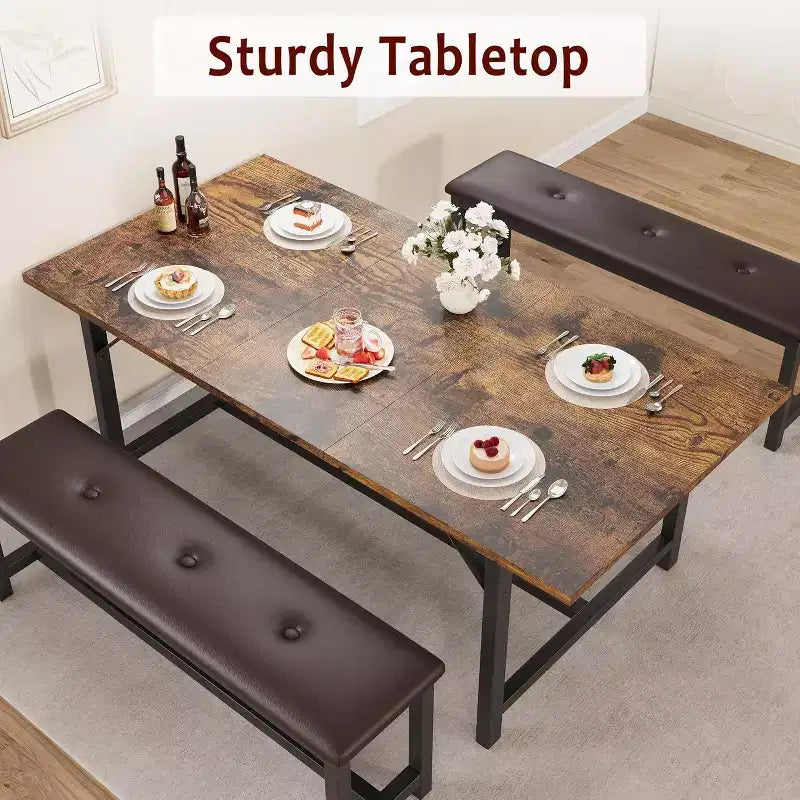 Set da tavolo da pranzo rettangolare allungabile da 160 cm (63 pollici) in marrone rustico per 4-6 persone, con 2 panche morbide, design salvaspazio per piccoli ambienti