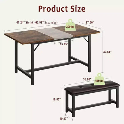 Set da tavolo da pranzo rettangolare allungabile da 160 cm (63 pollici) in marrone rustico per 4-6 persone, con 2 panche morbide, design salvaspazio per piccoli ambienti