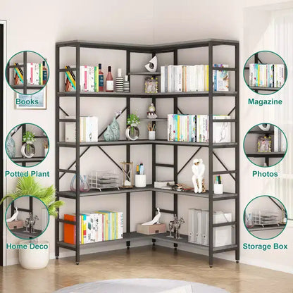 Scaffale angolare a 5 ripiani, libreria alta a forma di L, libreria industriale, struttura in metallo per camera da letto, soggiorno, casa, ufficio