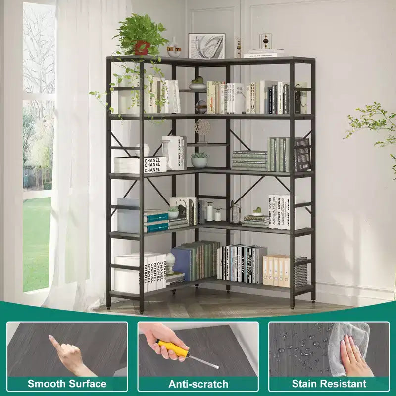Scaffale angolare a 5 ripiani, libreria alta a forma di L, libreria industriale, struttura in metallo per camera da letto, soggiorno, casa, ufficio