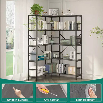 Scaffale angolare a 5 ripiani, libreria alta a forma di L, libreria industriale, struttura in metallo per camera da letto, soggiorno, casa, ufficio