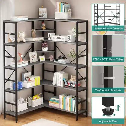 Scaffale angolare a 5 ripiani, libreria alta a forma di L, libreria industriale, struttura in metallo per camera da letto, soggiorno, casa, ufficio