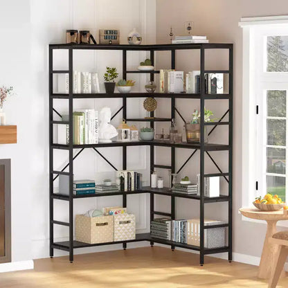 Scaffale angolare a 5 ripiani, libreria alta a forma di L, libreria industriale, struttura in metallo per camera da letto, soggiorno, casa, ufficio