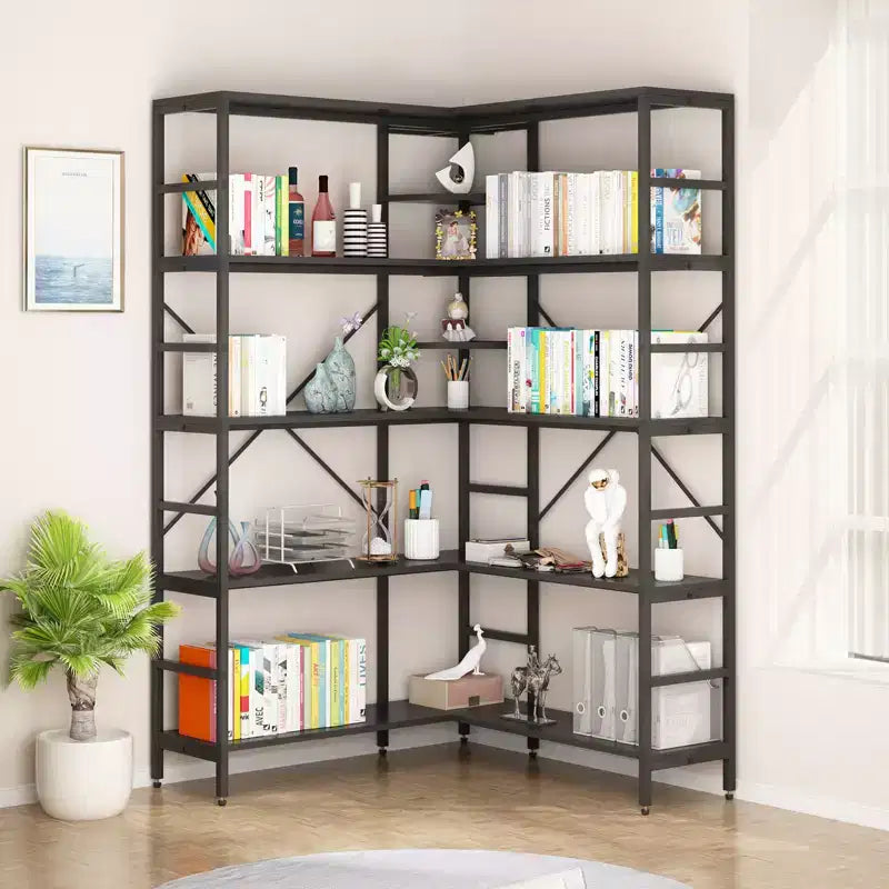 Scaffale angolare a 5 ripiani, libreria alta a forma di L, libreria industriale, struttura in metallo per camera da letto, soggiorno, casa, ufficio