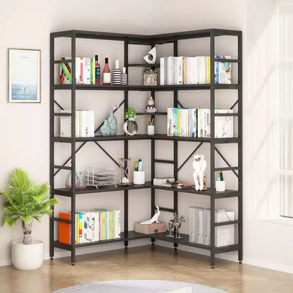 Scaffale angolare a 5 ripiani, libreria alta a forma di L, libreria industriale, struttura in metallo per camera da letto, soggiorno, casa, ufficio