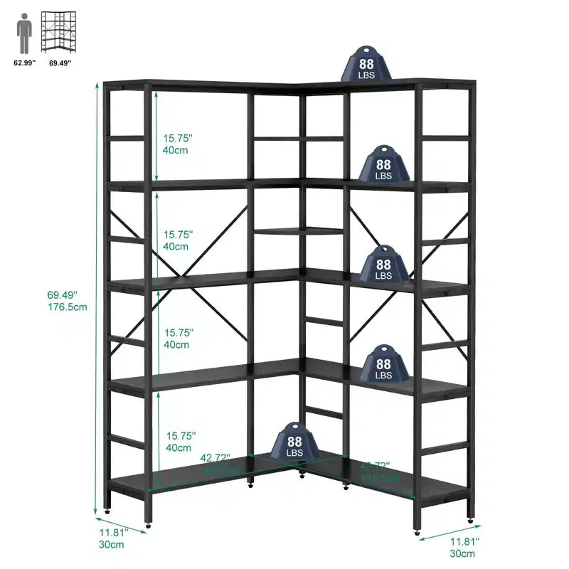 Scaffale angolare a 5 ripiani, libreria alta a forma di L, libreria industriale, struttura in metallo per camera da letto, soggiorno, casa, ufficio