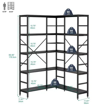 Scaffale angolare a 5 ripiani, libreria alta a forma di L, libreria industriale, struttura in metallo per camera da letto, soggiorno, casa, ufficio