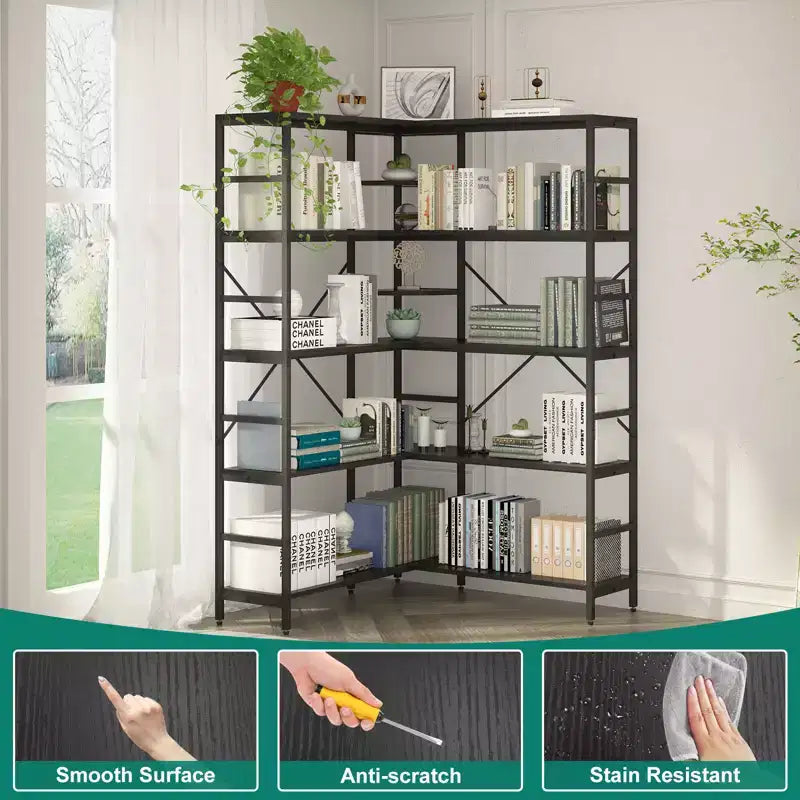 Scaffale angolare a 5 ripiani, libreria alta a forma di L, libreria industriale, struttura in metallo per camera da letto, soggiorno, casa, ufficio