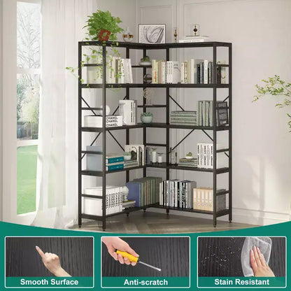 Scaffale angolare a 5 ripiani, libreria alta a forma di L, libreria industriale, struttura in metallo per camera da letto, soggiorno, casa, ufficio