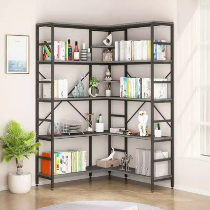Scaffale angolare a 5 ripiani, libreria alta a forma di L, libreria industriale, struttura in metallo per camera da letto, soggiorno, casa, ufficio