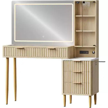 Acekool Toeletta con Specchio e Luci, Scrivania Trucco con LED a 3 Colori, 5 Cassetti, 3 Ripiani, Presa di Corrente, per Camera da Letto, Rovere
