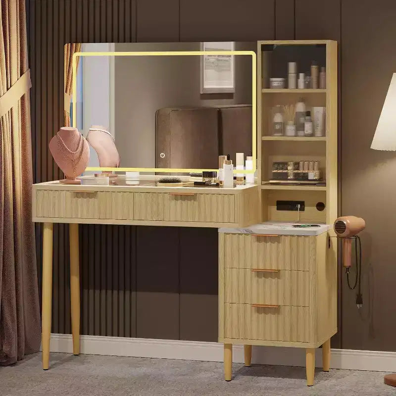 Acekool Toeletta con Specchio e Luci, Scrivania Trucco con LED a 3 Colori, 5 Cassetti, 3 Ripiani, Presa di Corrente, per Camera da Letto, Rovere