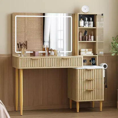 Acekool Toeletta con Specchio e Luci, Scrivania Trucco con LED a 3 Colori, 5 Cassetti, 3 Ripiani, Presa di Corrente, per Camera da Letto, Rovere