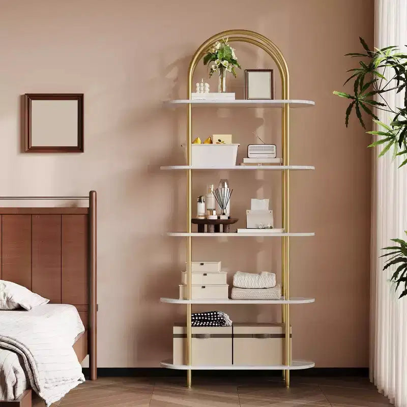 Libreria a 5 ripiani, libreria ad arco alta 180 cm, struttura in metallo, espositore indipendente, per camera da letto, soggiorno, oro e bianco