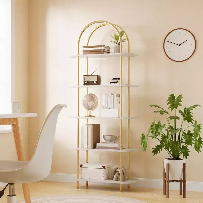 Libreria a 5 ripiani, libreria ad arco alta 180 cm, struttura in metallo, espositore indipendente, per camera da letto, soggiorno, oro e bianco